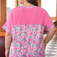 Plus Size Floral Print Corded Patchwork Loose Top