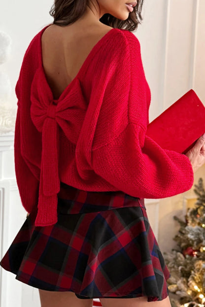 Bow Backless Bubble Sleeve Sweater