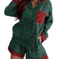 Plaid Contrast Patched Christmas Holiday Long Sleeve Shirt and Short 2pcs Pajama Set