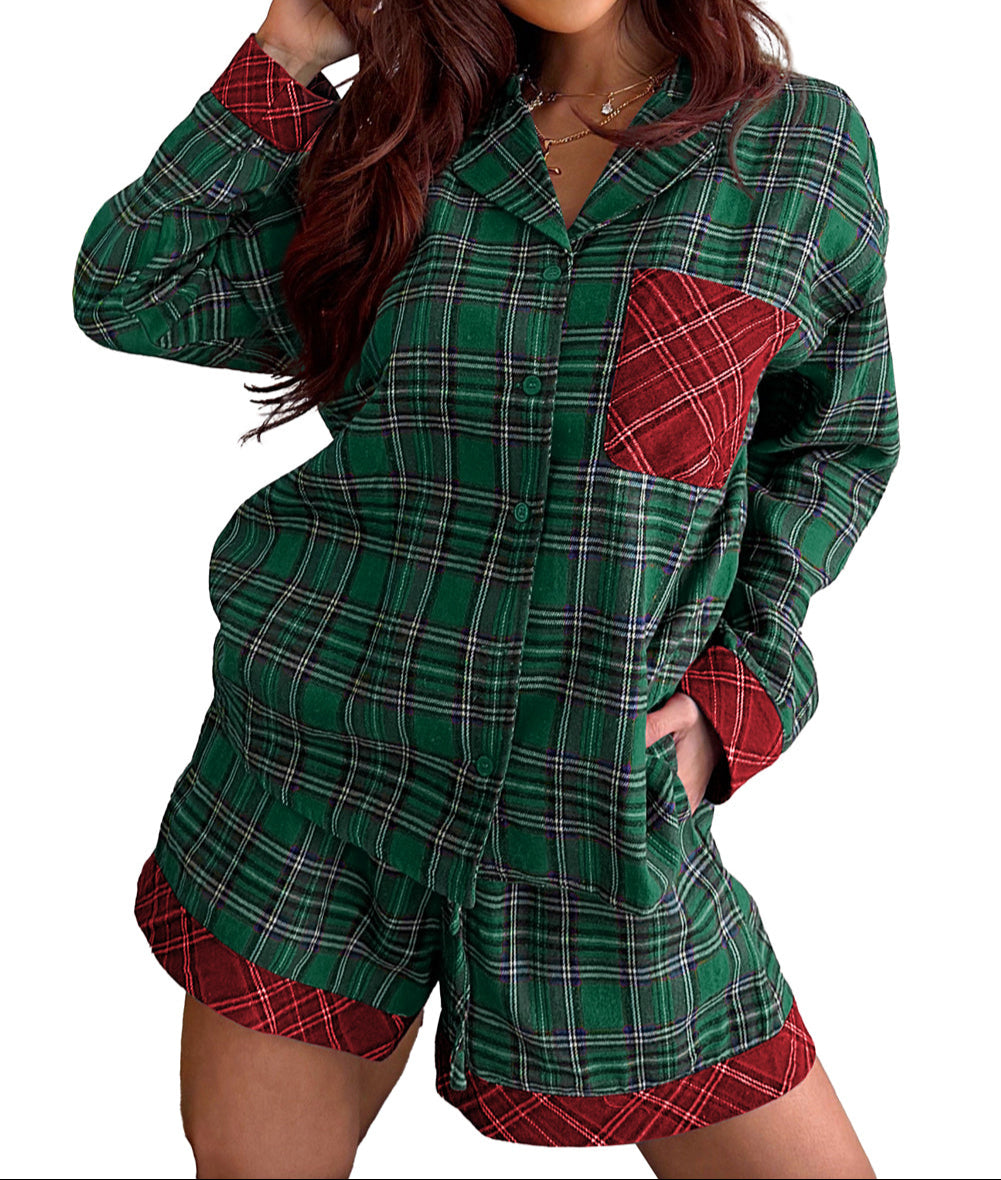 Plaid Contrast Patched Christmas Holiday Long Sleeve Shirt and Short 2pcs Pajama Set