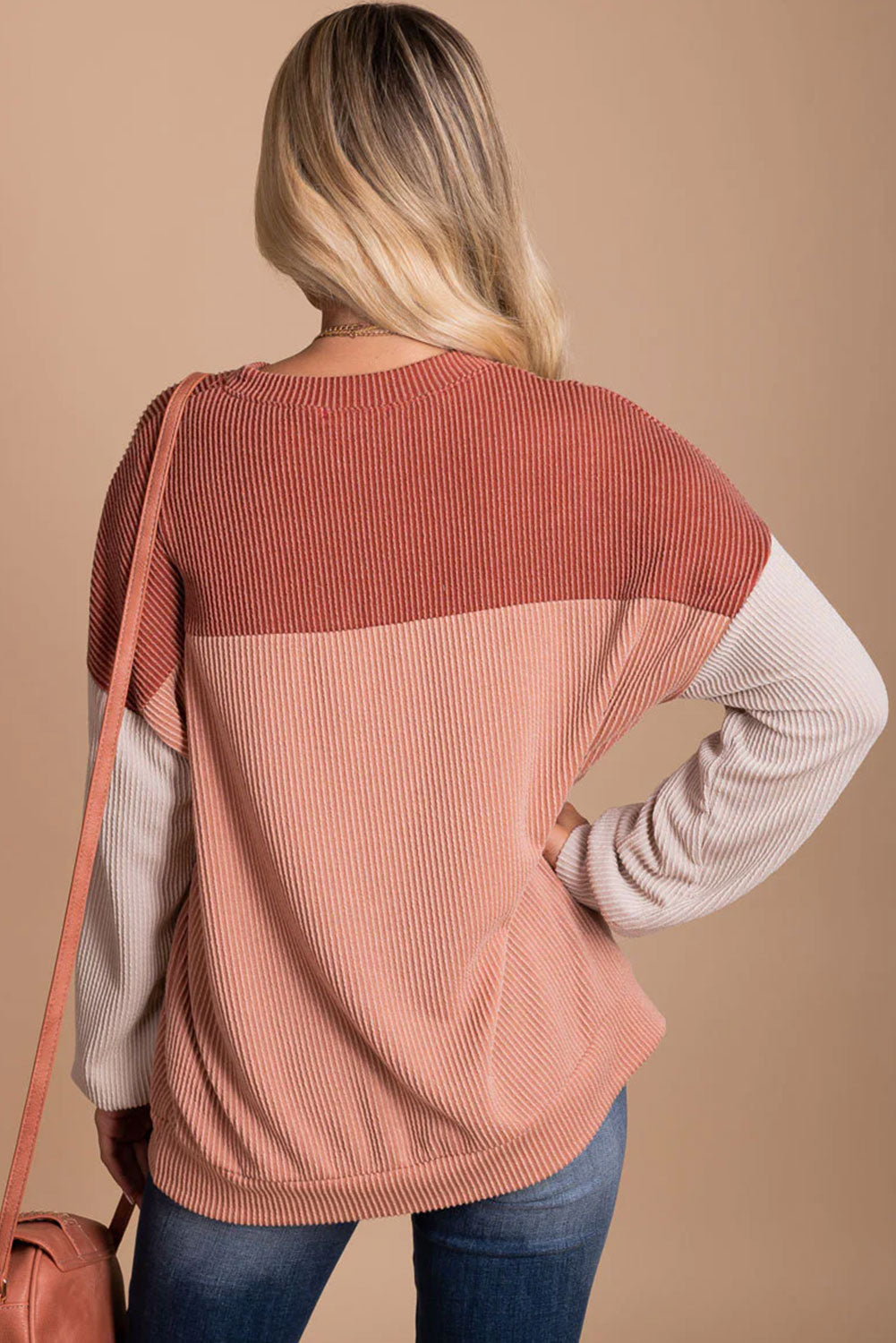 Color Block Long Sleeve Cording Loose Top