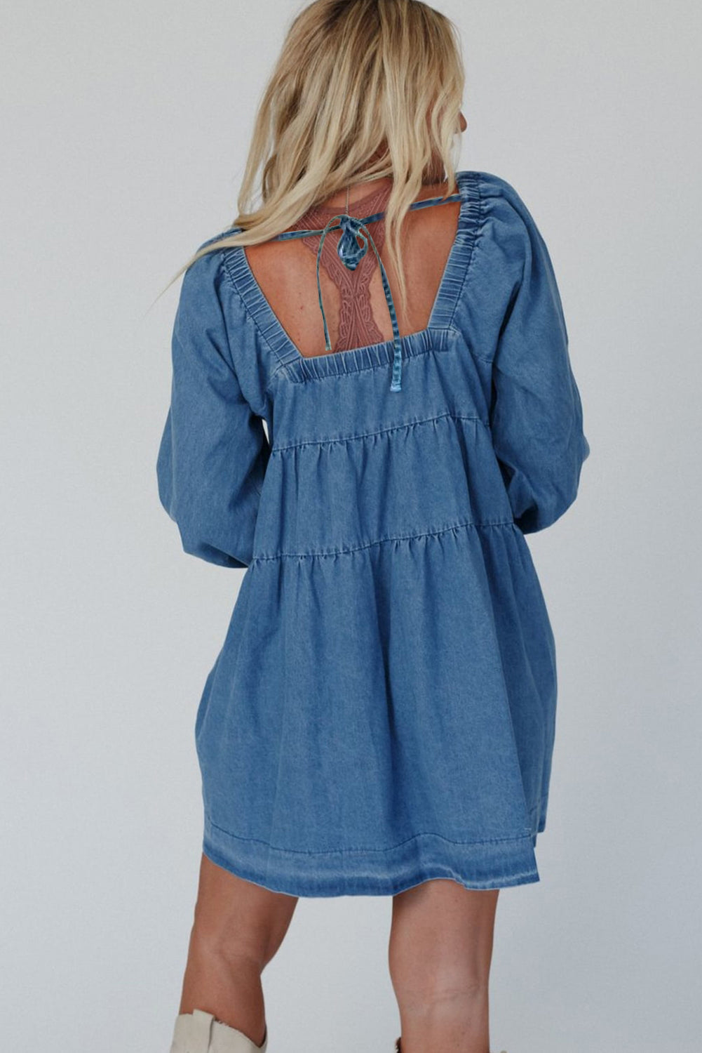 Square Neck Pockets Denim Dress