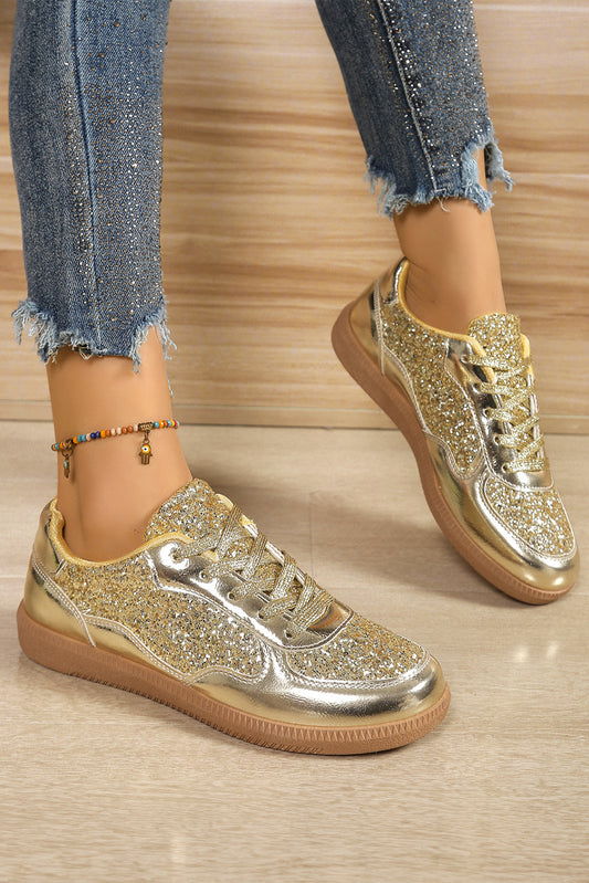 Glitter Lace Up Sequin Round Toe Flat Shoes