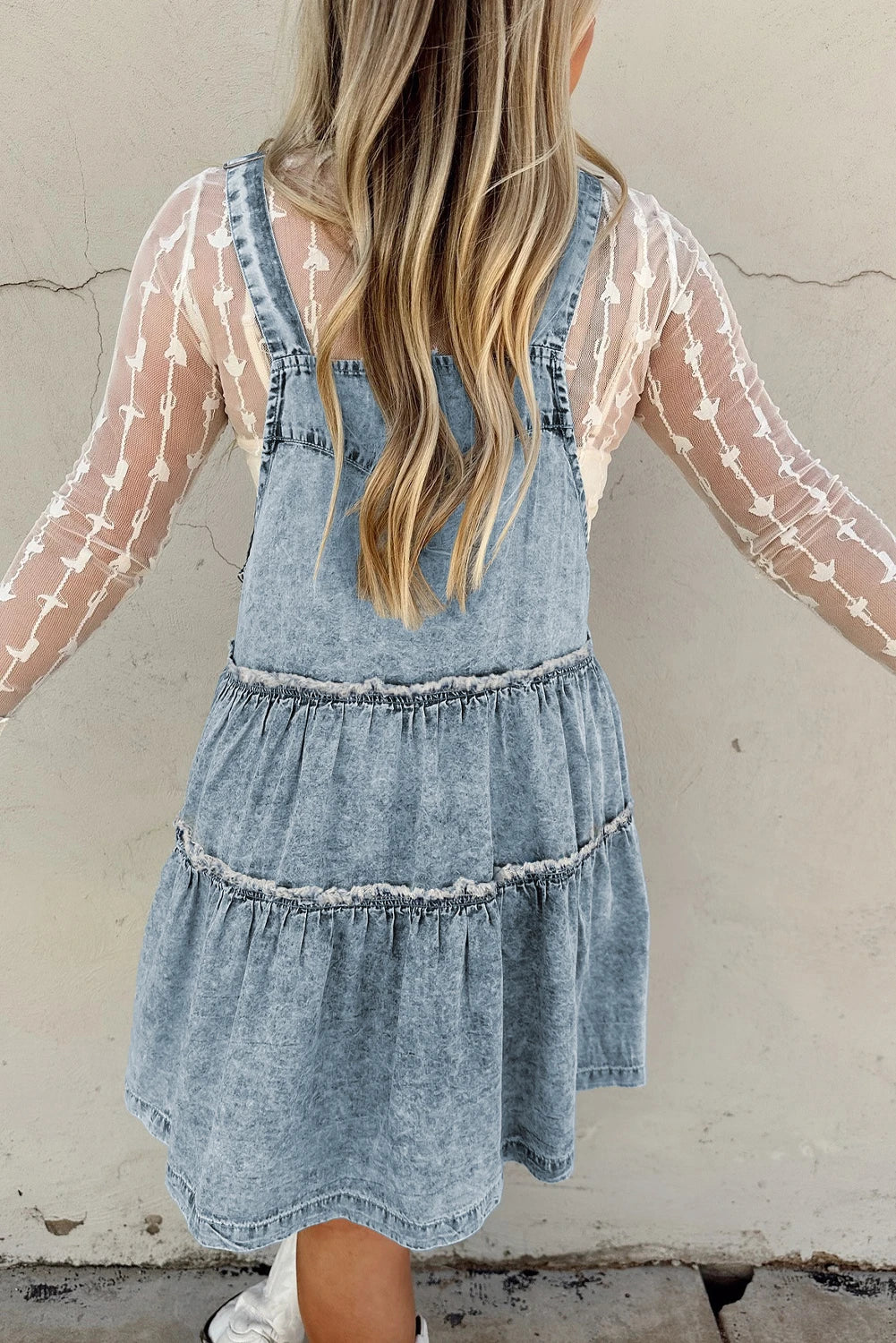 Wash Tiered Flowy Overall Denim Dress