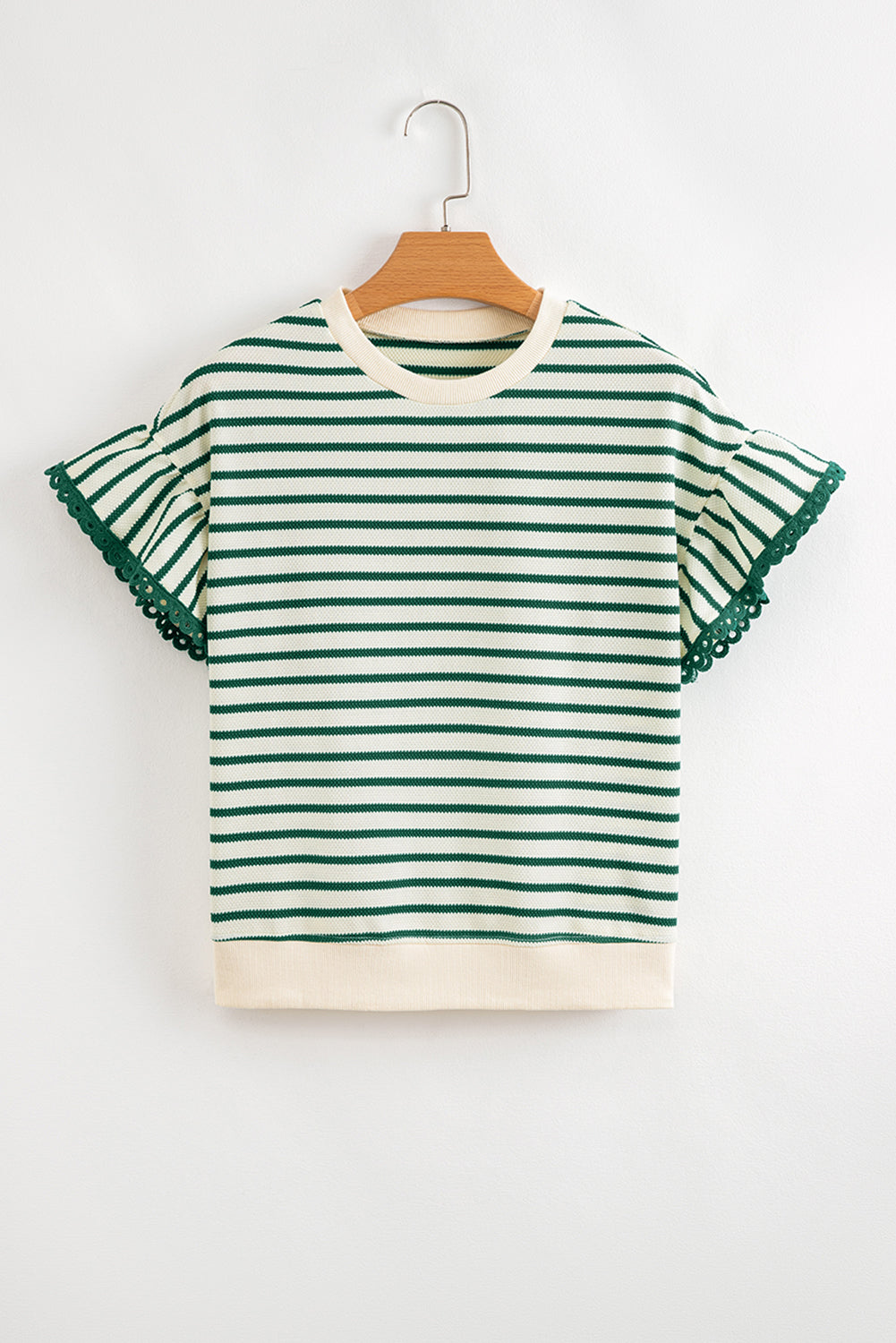 Scallop Lace Trim Ruffle Short Sleeves Crewneck Top