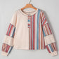 Striped Waffle Patchwork Exposed Seam Raw Edge Casual Knit Top