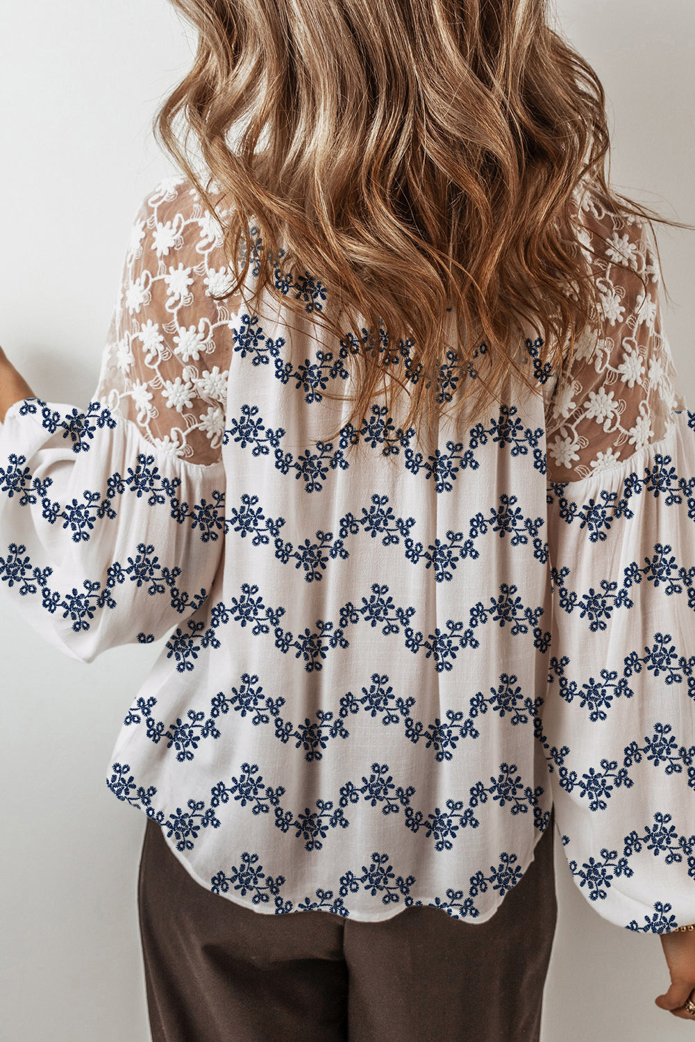 Lace Patchwork Floral Bubble Sleeve V Split Neck Blouse