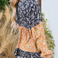 Floral Color Block Patchwork Ruffled Hem Round Neck Blouse