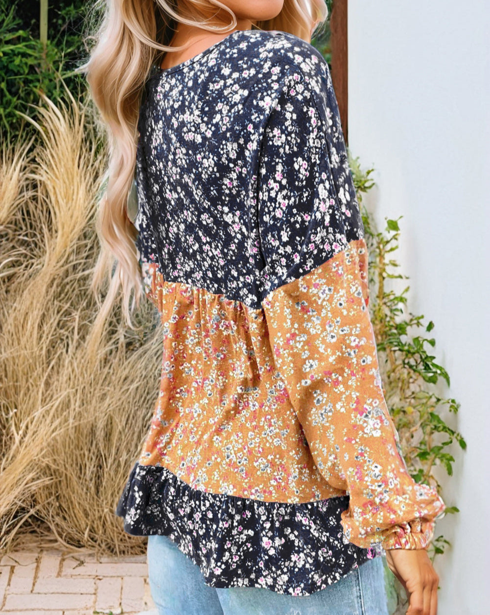 Floral Color Block Patchwork Ruffled Hem Round Neck Blouse