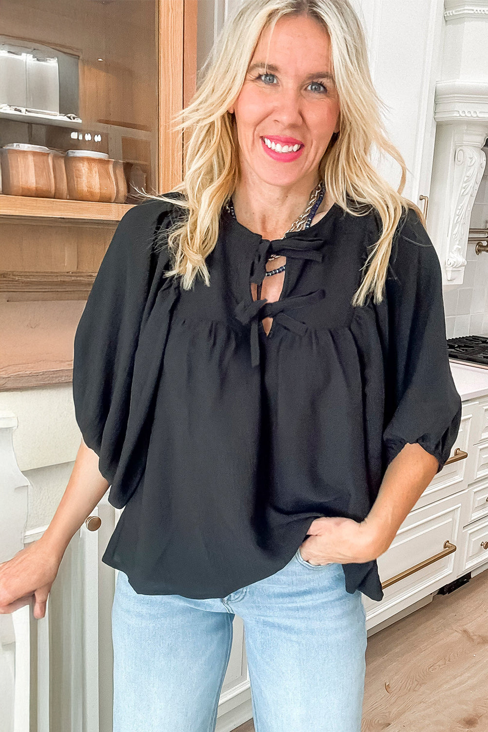 Bow Tie Neck 3/4 Sleeve Casual Blouse