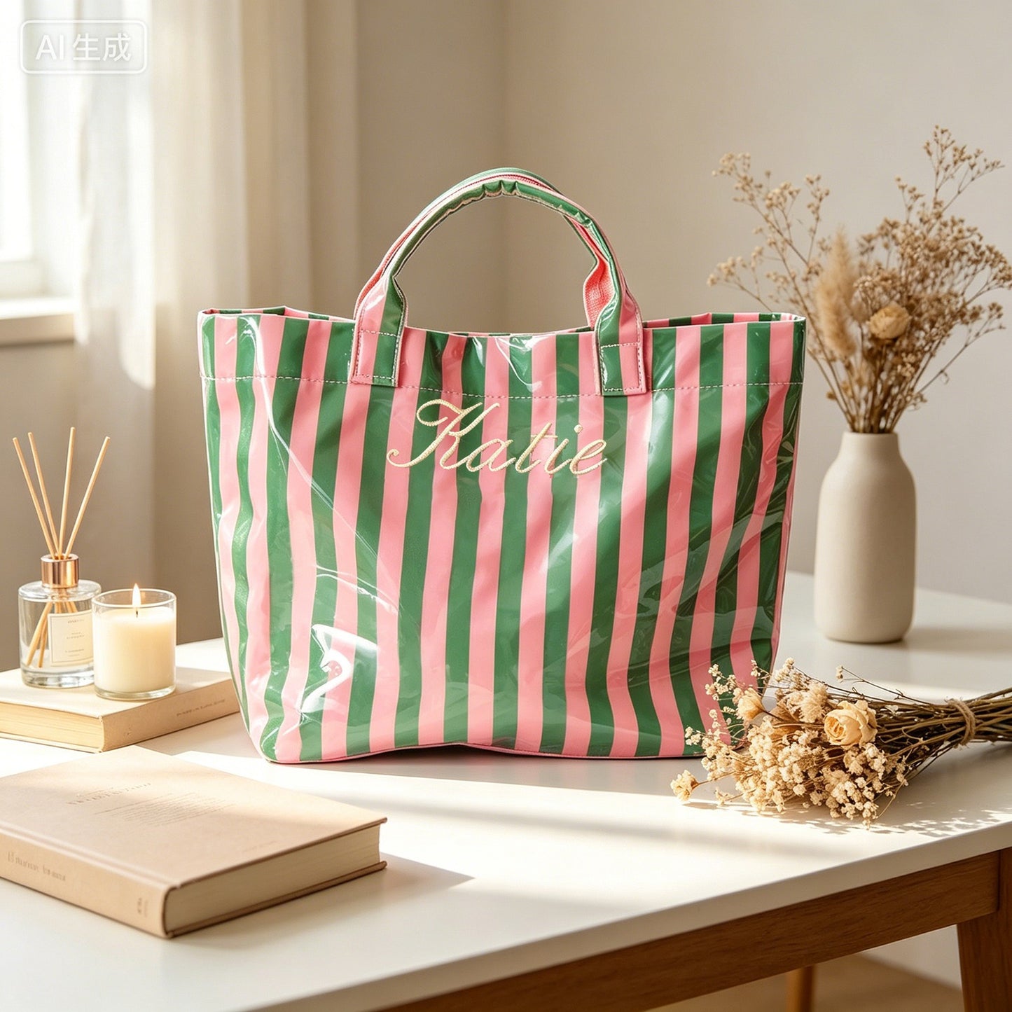 Custom Embroidered Waterproof Striped Tote Bag