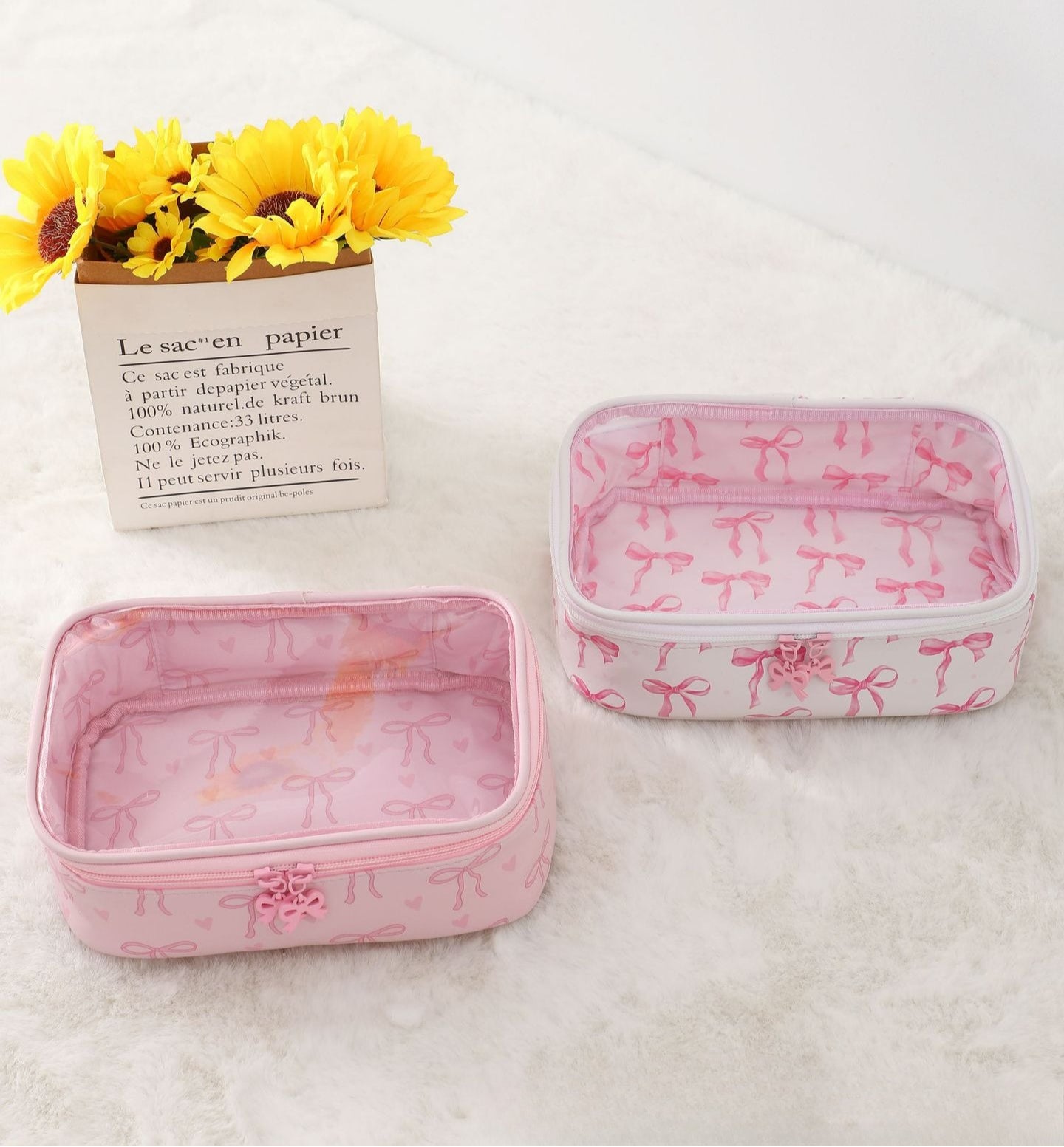 Clear PU Cosmetic Bag Pink Ribbon Toiletry Bag