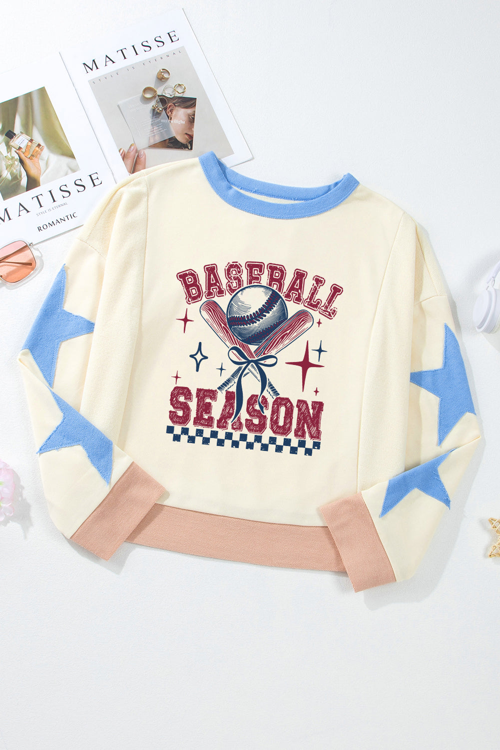 BASEBALL SEASON Graphic Star Patched Game Day Sweatshirt