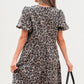 Denim Leopard Printed Short Puff Sleeve Mini Dress