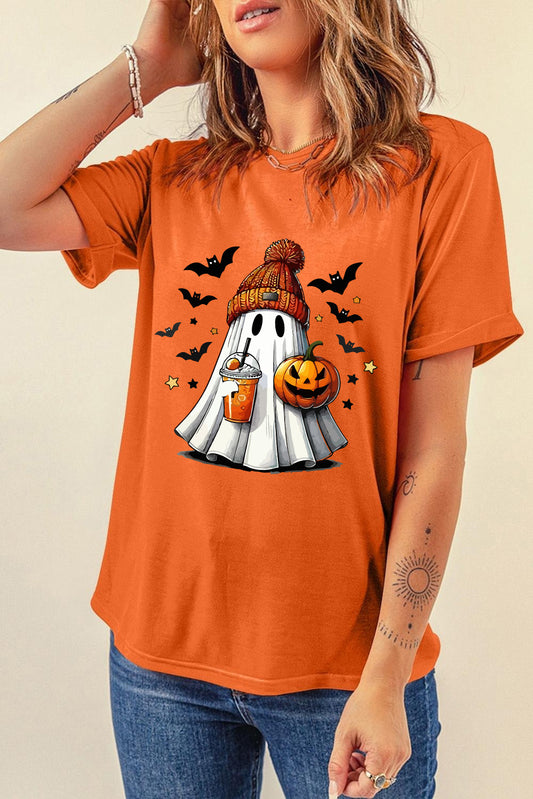 Playful Halloween Ghost Pumpkin Print Womens Casual Tee
