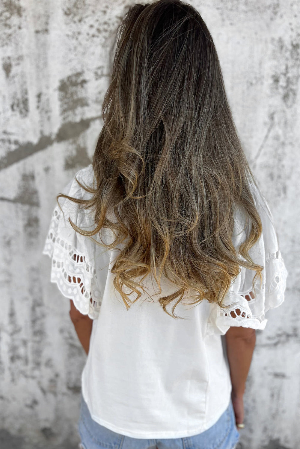 Hollow Out Embroidered Short Sleeve O Neck Top