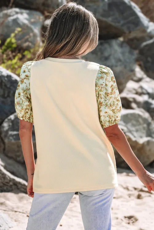 Beige Contrast Floral Bubble Sleeve Patchwork Ribbed Top