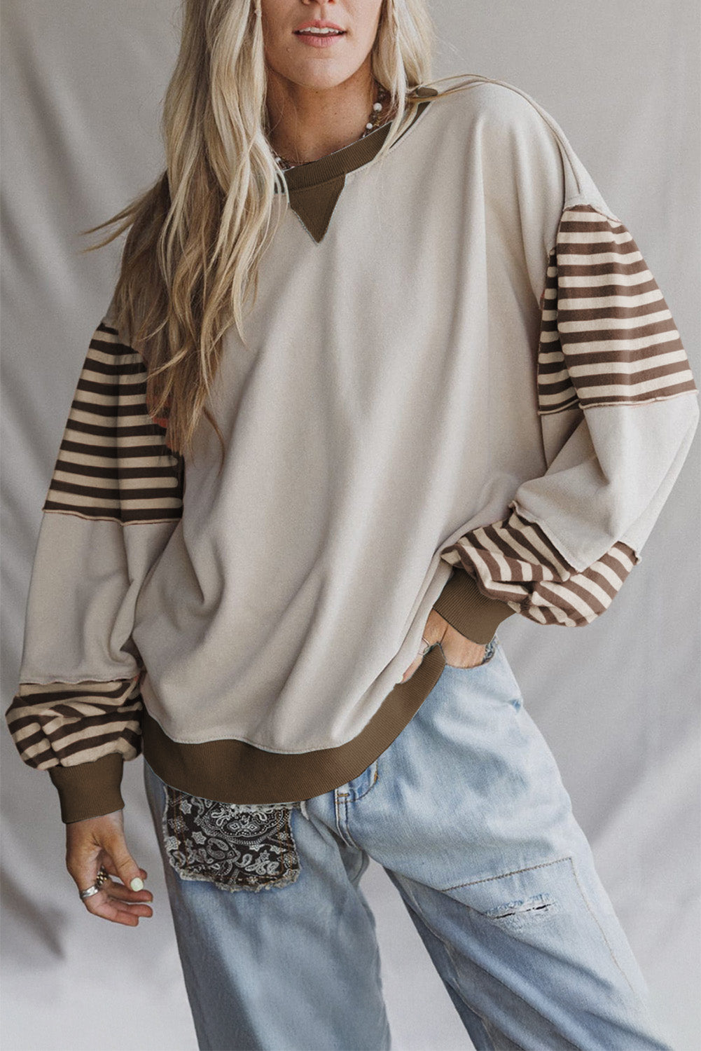 Striped Colorblock Patchwork Drop Shoulder Sweatshirt