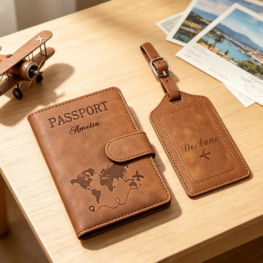 Custom PU Leather Anti-Magnetic Passport Holder and Luggage Tag Set
