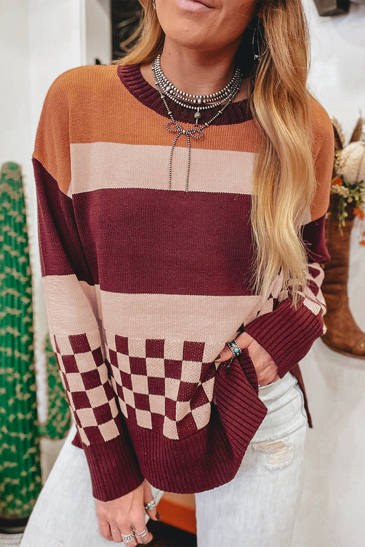 Block Knitted Drop Shoulder Sweater