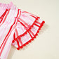 Ric-rac Trim Ruffled Sleeve V Neck Bow Striped Printed Blouse