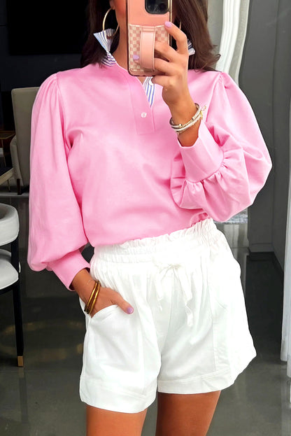 Button Striped Collar Patchwork Puff Sleeve Sweatshirt