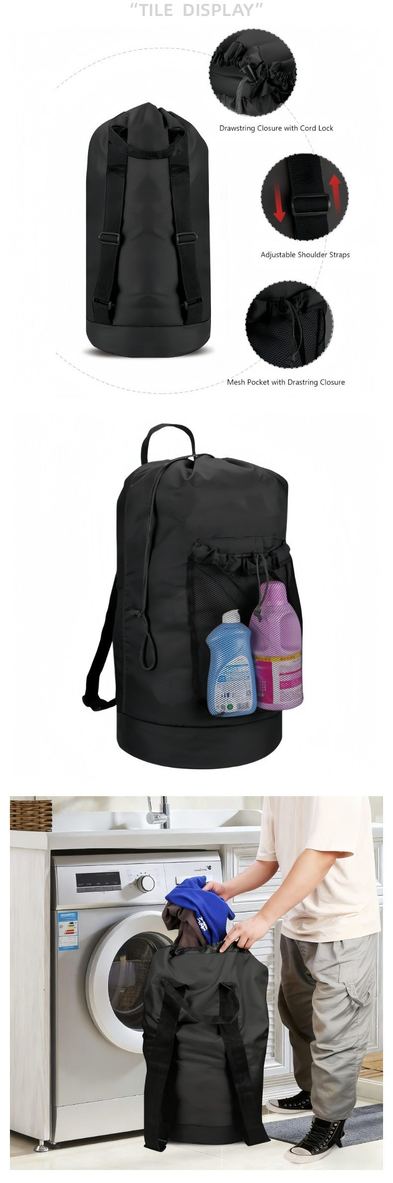 Backpack Laundry Bag Durable Nylon Hamper with Drawstring Closure