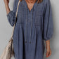 3/4 Sleeve Tied V Neck Pleated Denim Mini Dress