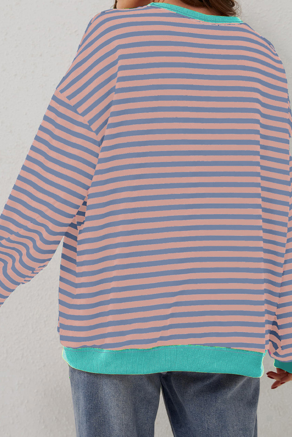 Striped Contrast Ribbed Trim Crossed Stitch Drop Shoulder Sweatshirt