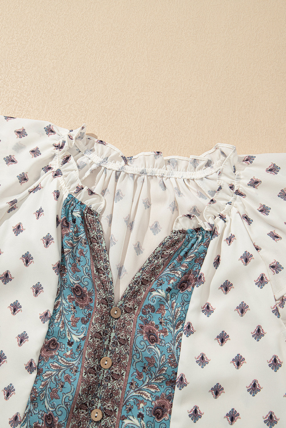 Boho Pattern Tiered Ruffled Sleeve V Neck Buttoned Blouse