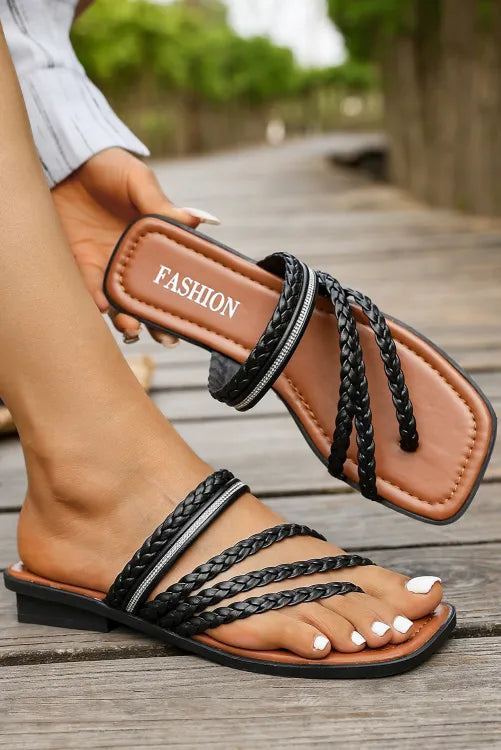Black Braided Strappy Square Toe PU Flat Slippers