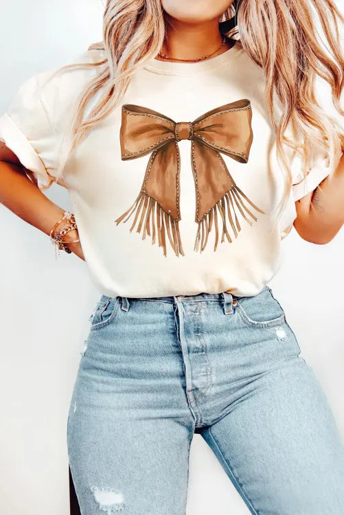White Tassel Bowknot Print Round Neck Western Fashion T Shirt