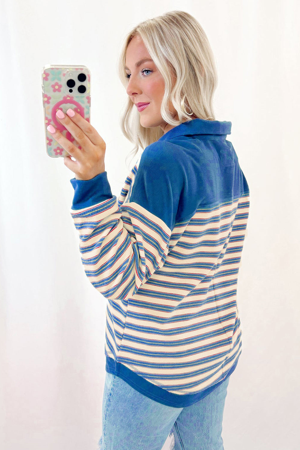 Stripe Buttoned V Neck Collared Top