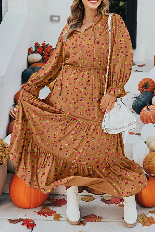 Plus Size Floral Split V Neck Ruffled Sleeve Tiered Maxi Dress