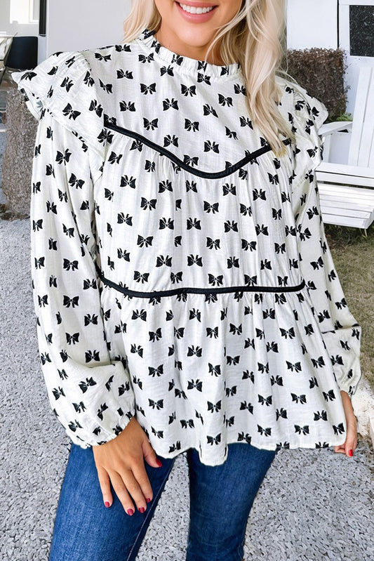 Bow Knot Print Piping Trim Ruffled Blouse