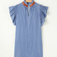 Frilly Split Neck Shirred Ruffle Sleeve Short Shift Dress