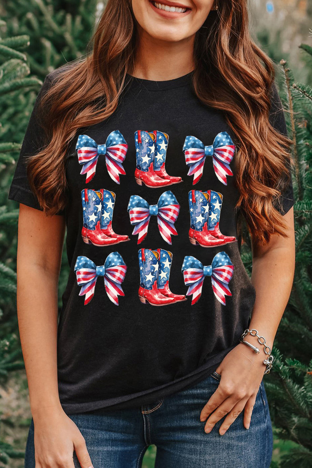 Black Stars and Stripes Bowknot Cowgirl Boots Graphic Patriotic Tee