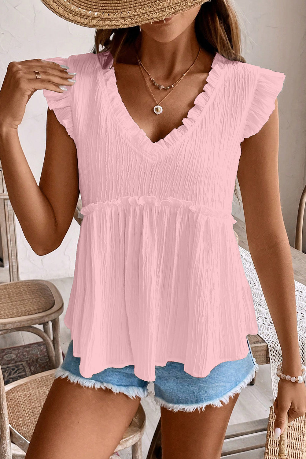 Textured Ruffled Trim V Neck Flutter Flowy Top