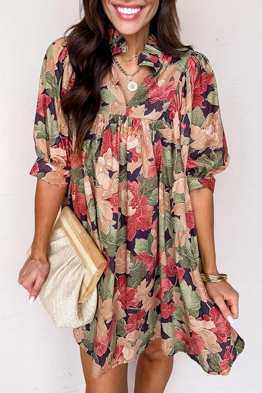 Floral Print Frilled Collar V Neck Half Sleeve Mini Dress