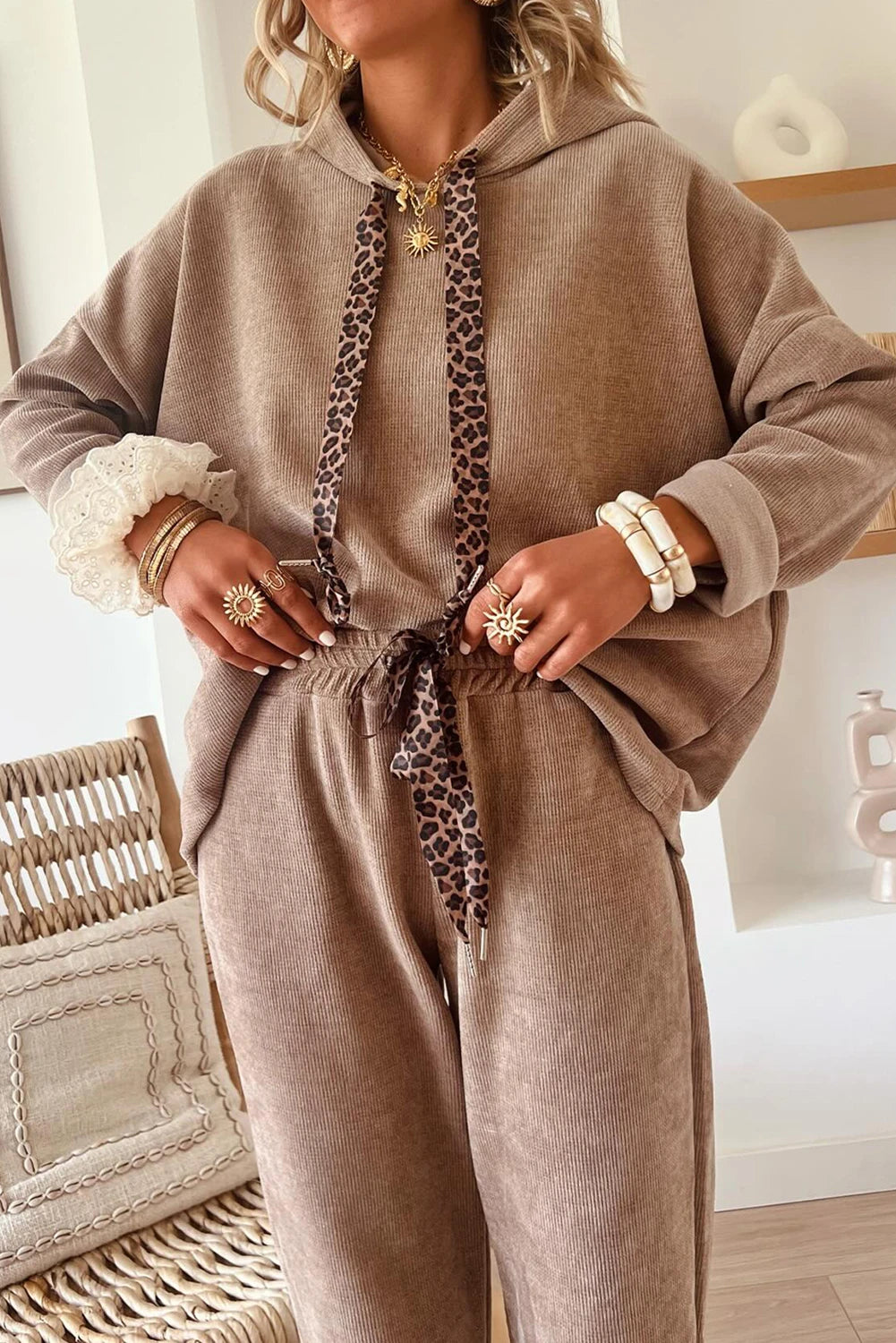 Hoodie and High Waist Pants Corduroy Suit
