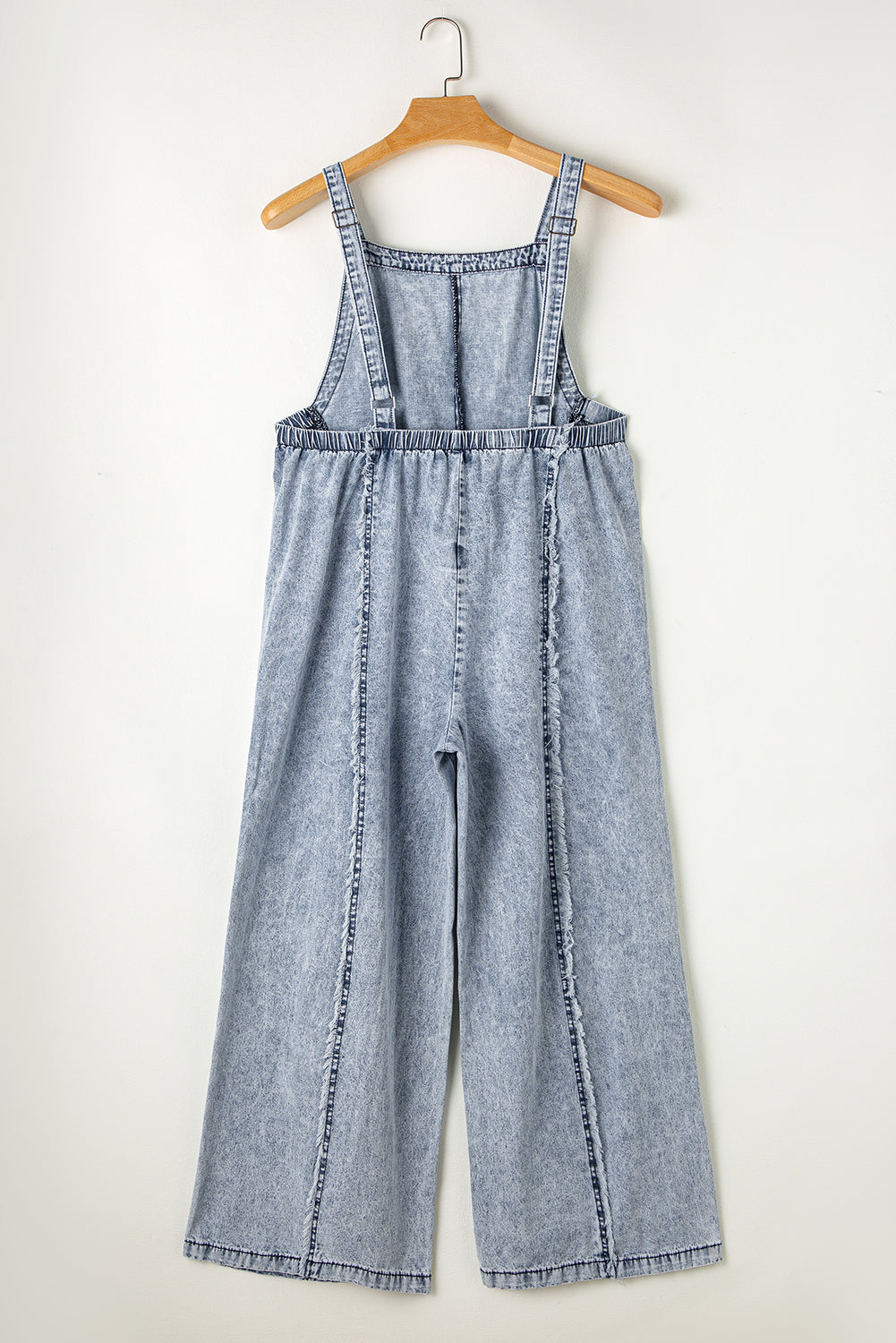 Light Wash Frayed Exposed Seam Wide Leg Denim Overall
