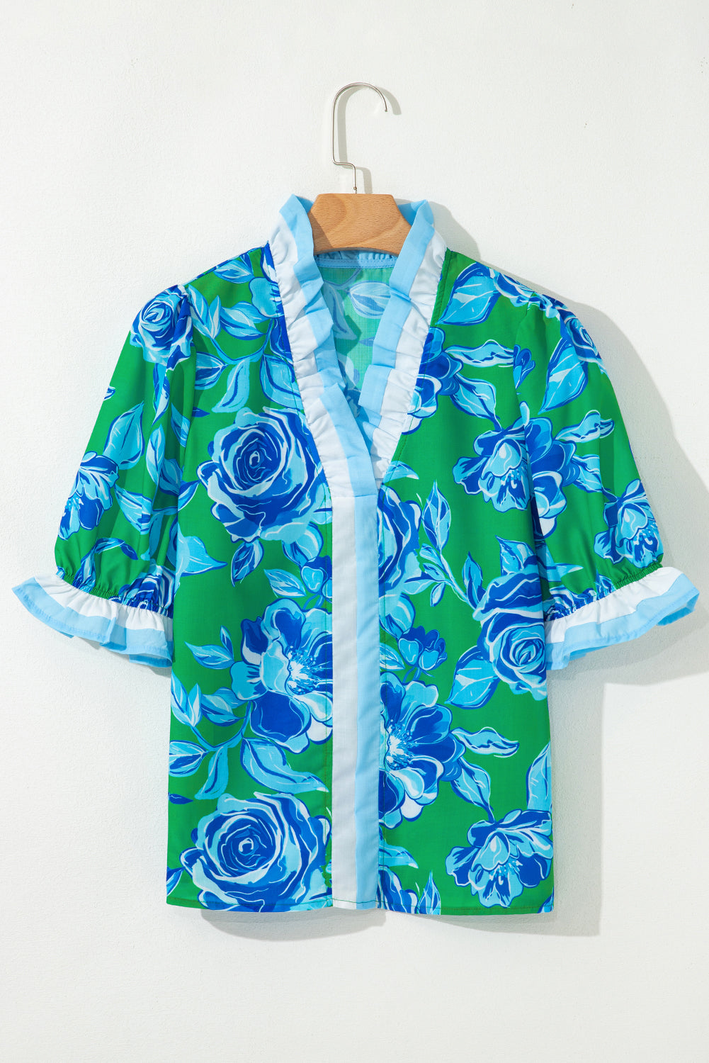 Floral Frilled V Neck Short Sleeve Blouse Top