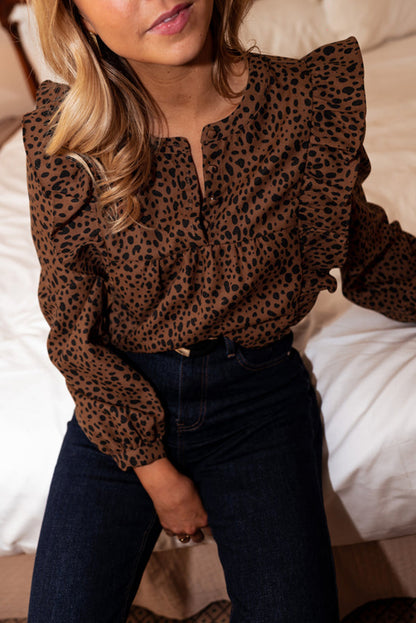 Leopard Print Ruffled Puff Sleeve Blouse