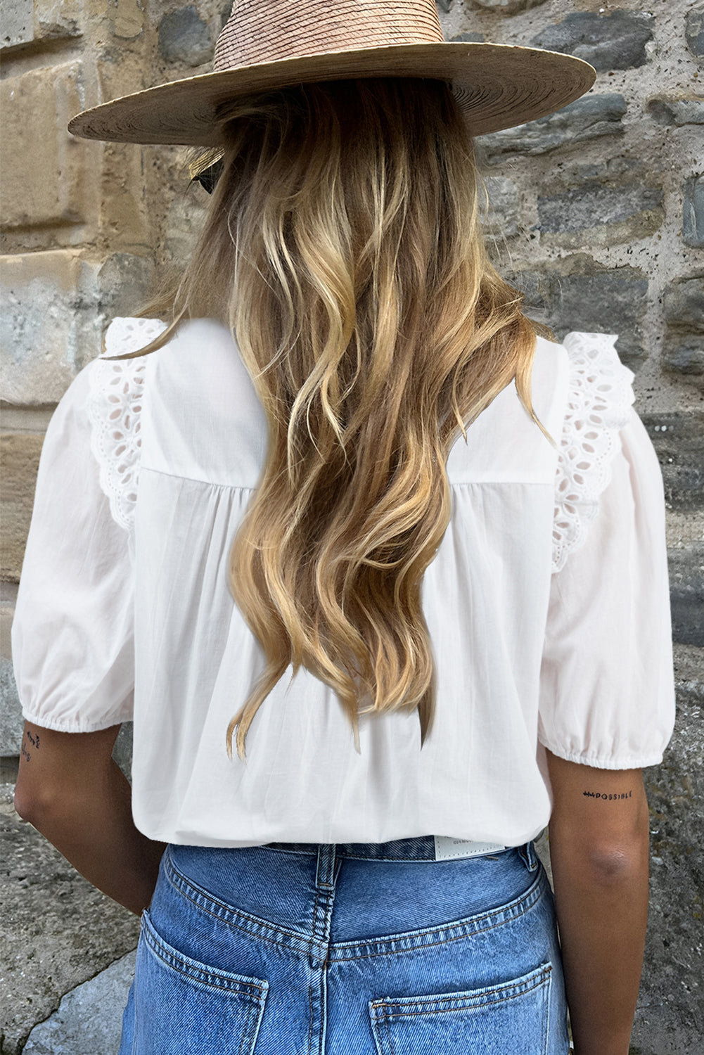 Embroidered Lace Patchwork Tie Neck Puff Short Sleeve Blouse