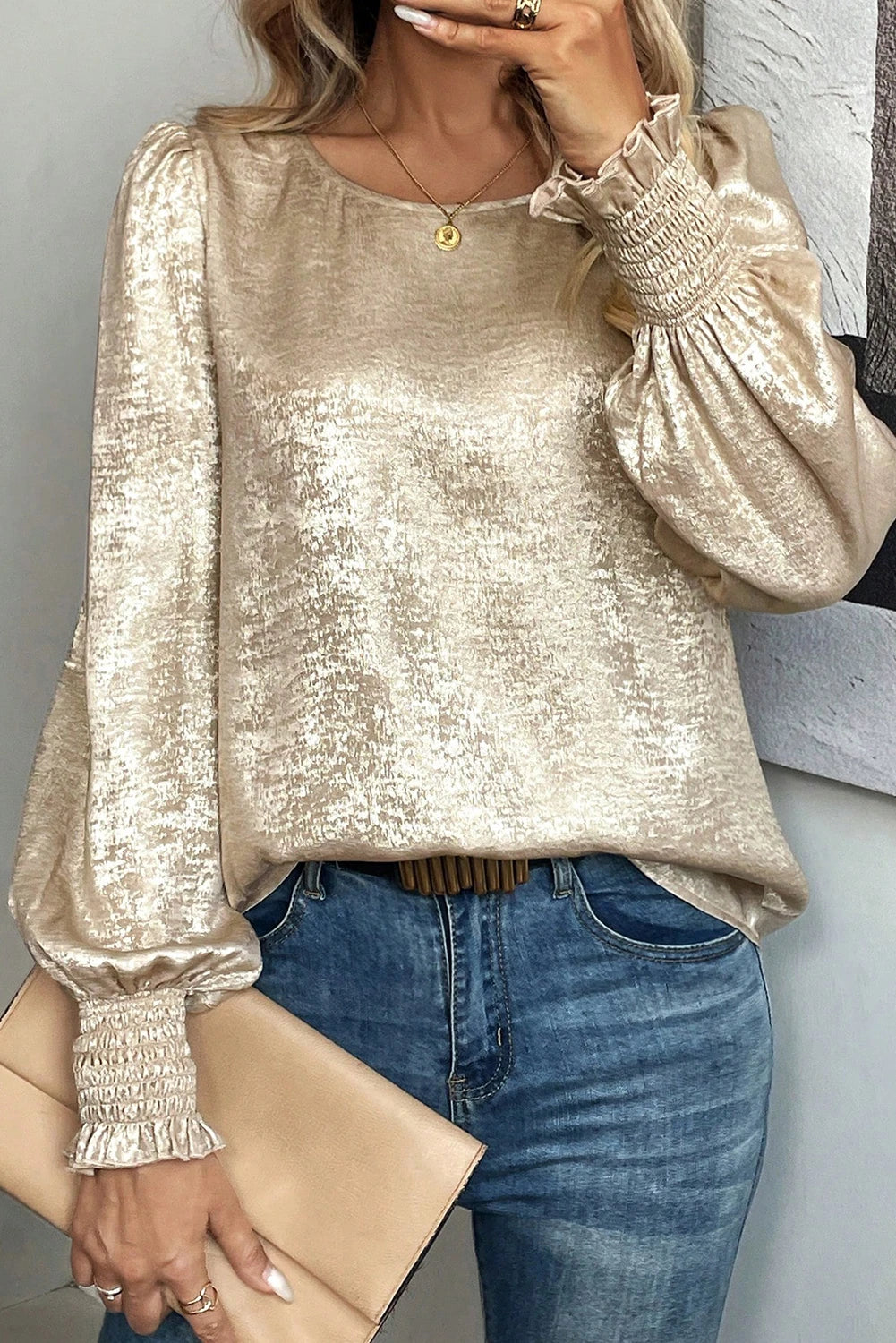 Round Neck Smocked Long Sleeve Blouse