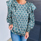 Abstract Print Shirred Cuff Puff Sleeve Blouse