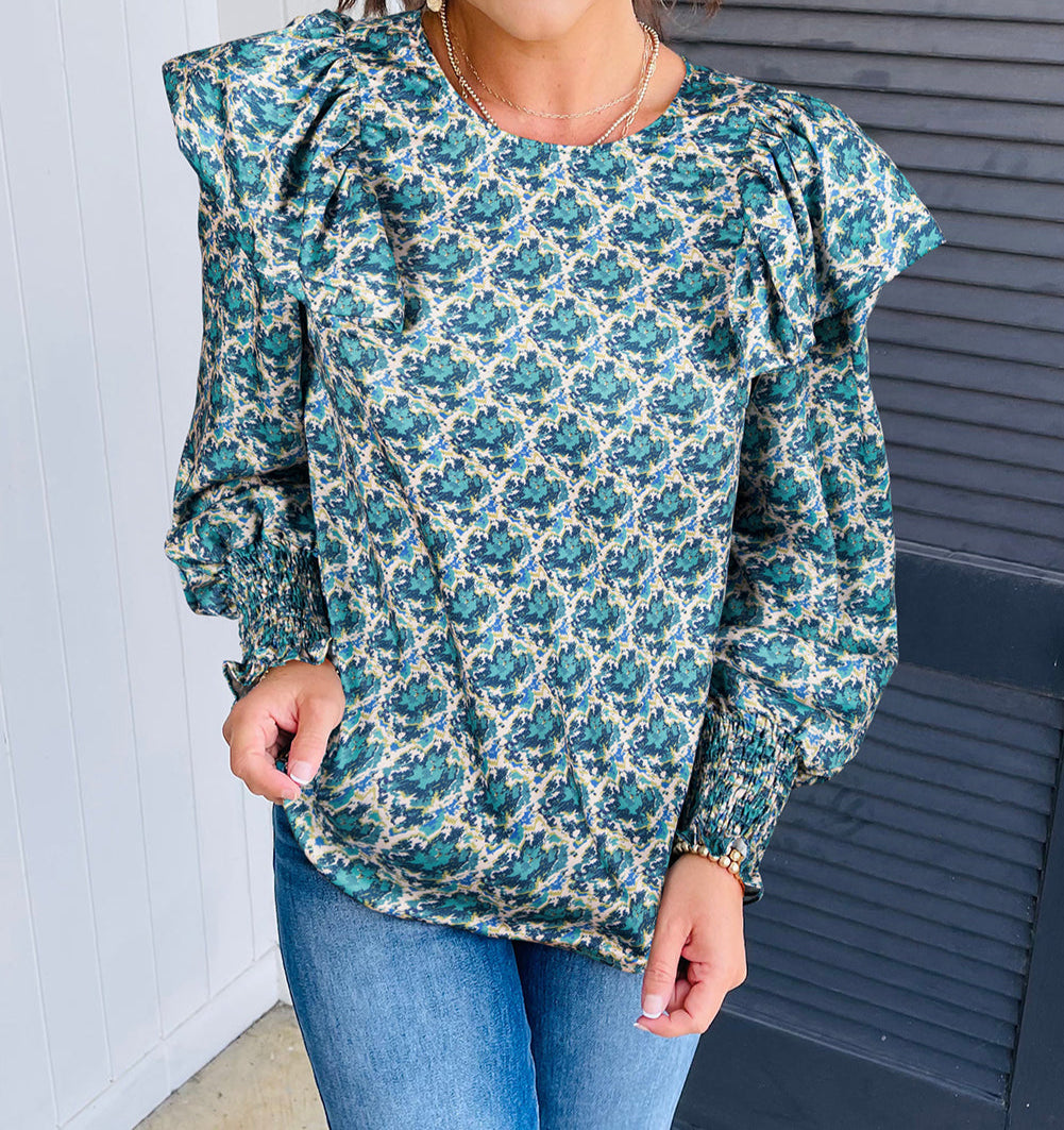 Abstract Print Shirred Cuff Puff Sleeve Blouse