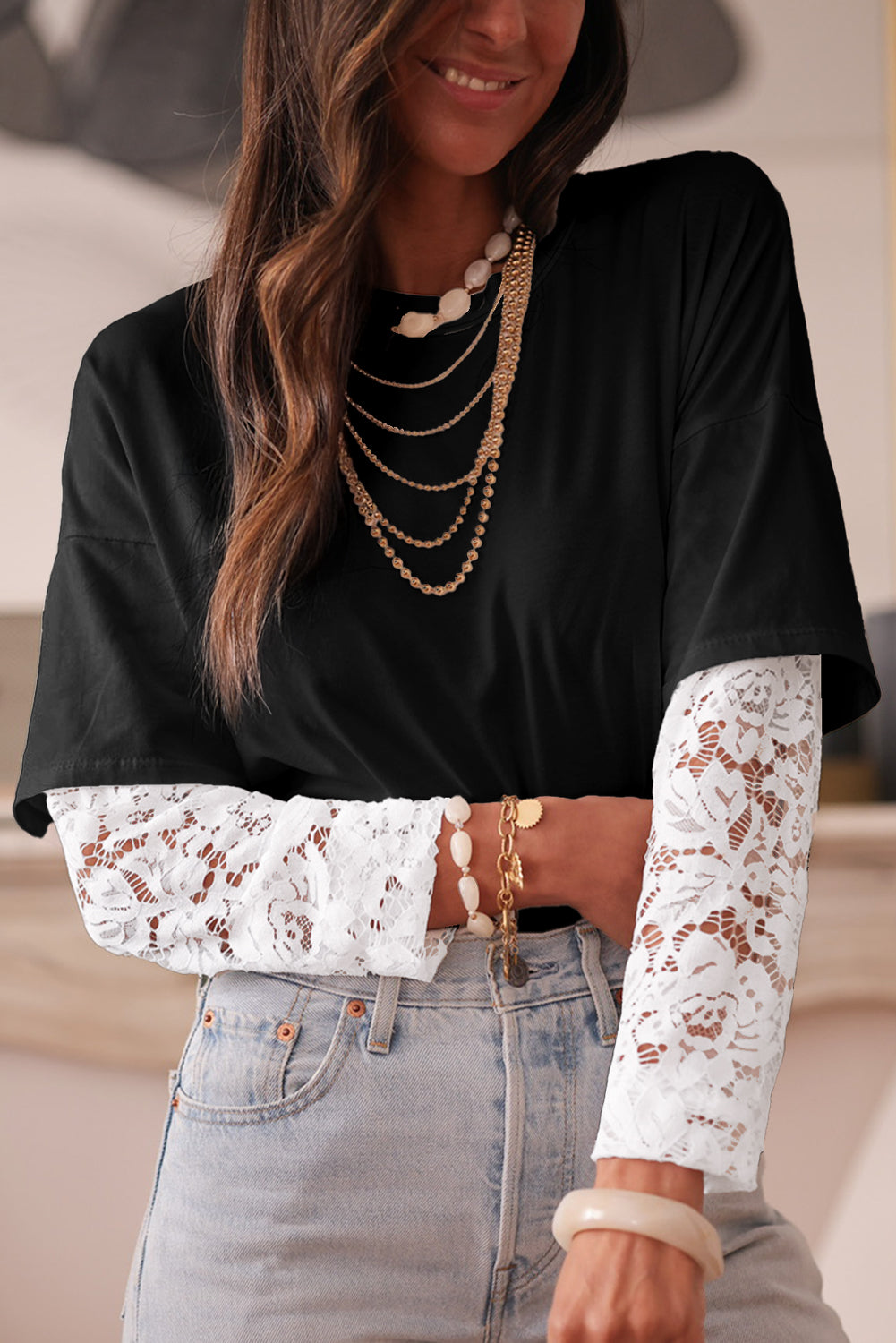 Lace Long Sleeve Insert Drop Shoulder Tee