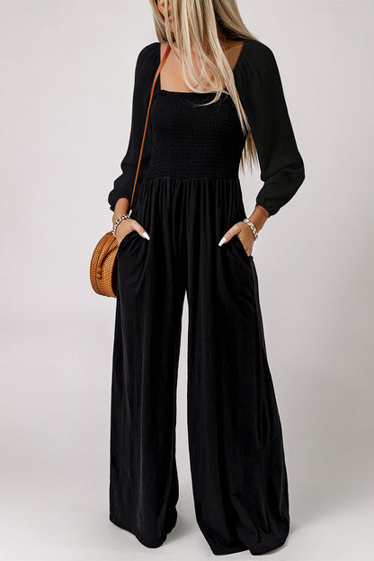 Smocked Square Neck Wide Leg Jumpsuit