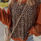 Leopard Floral Print Ribbed Puff Sleeve Patchwork Loose Pullover
